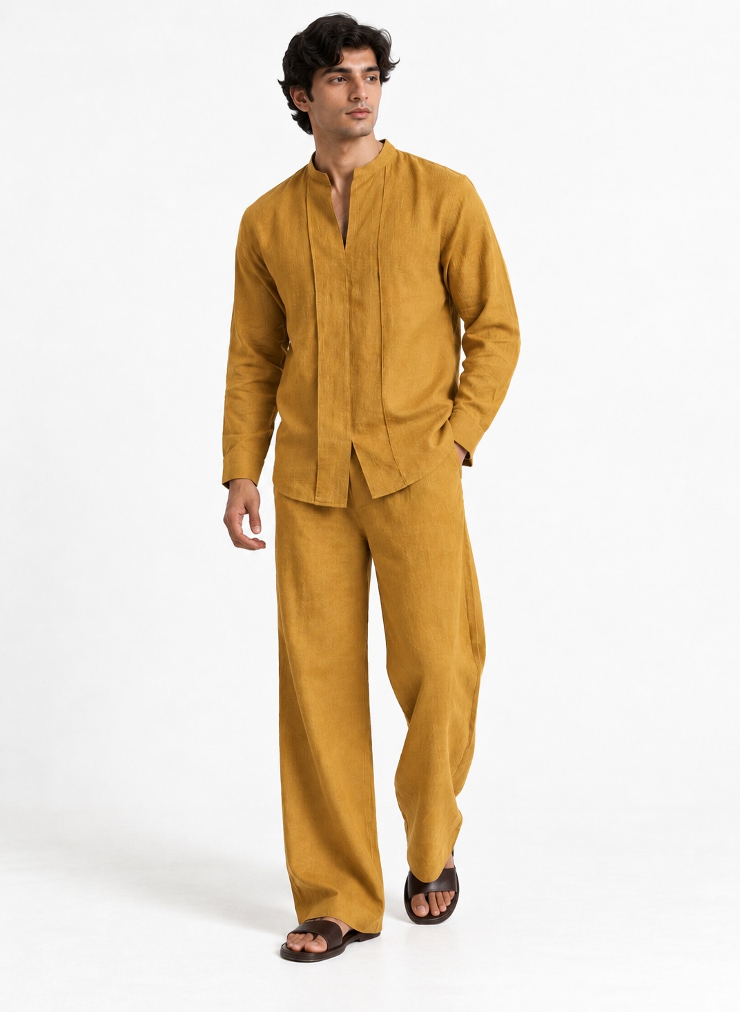 Abeer linen set for men in mustard gold 45 degree front view