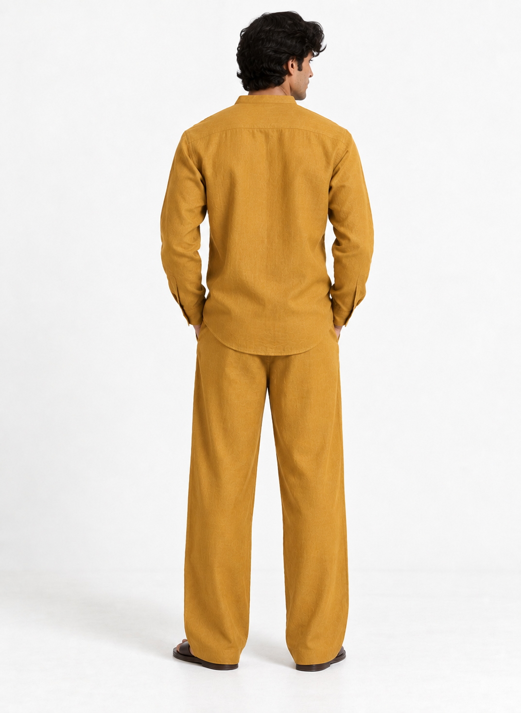 Abeer mustard gold linen set for men back view