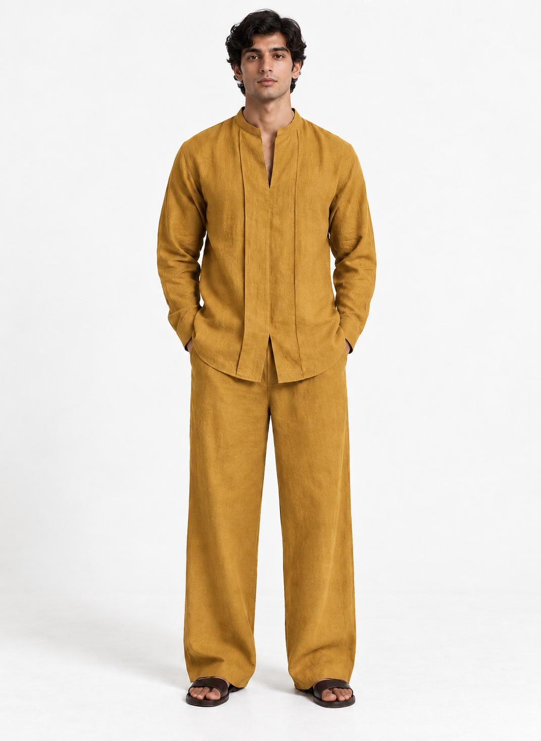 Abeer mustard gold linen set for men front view