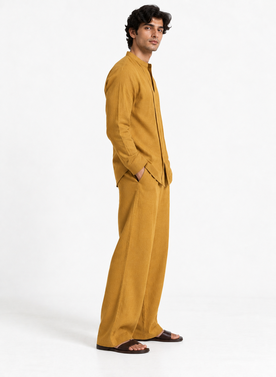 Abeer mustard gold linen set for men side view