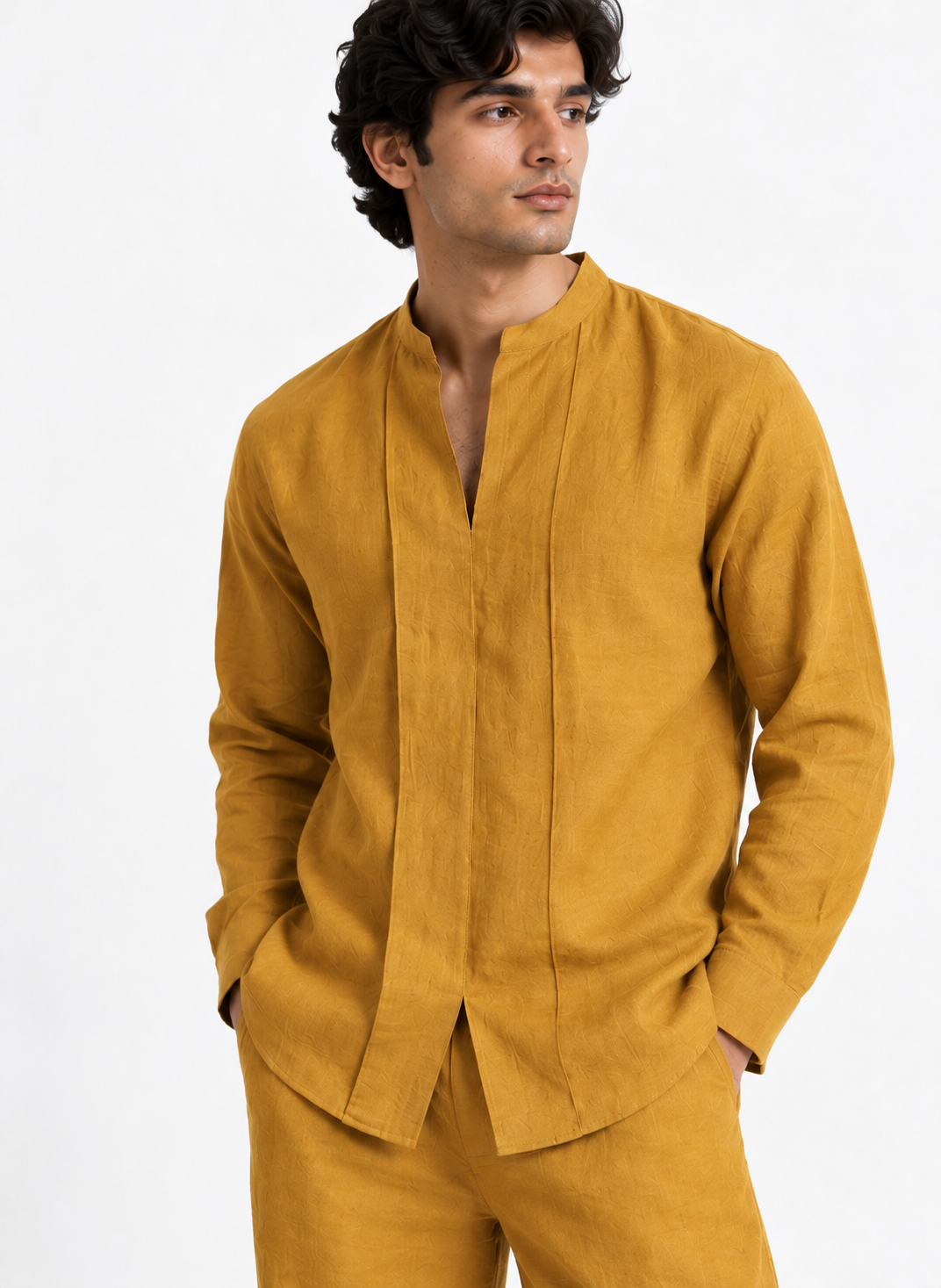 Close-up of Abeer mustard gold linen shirt for men