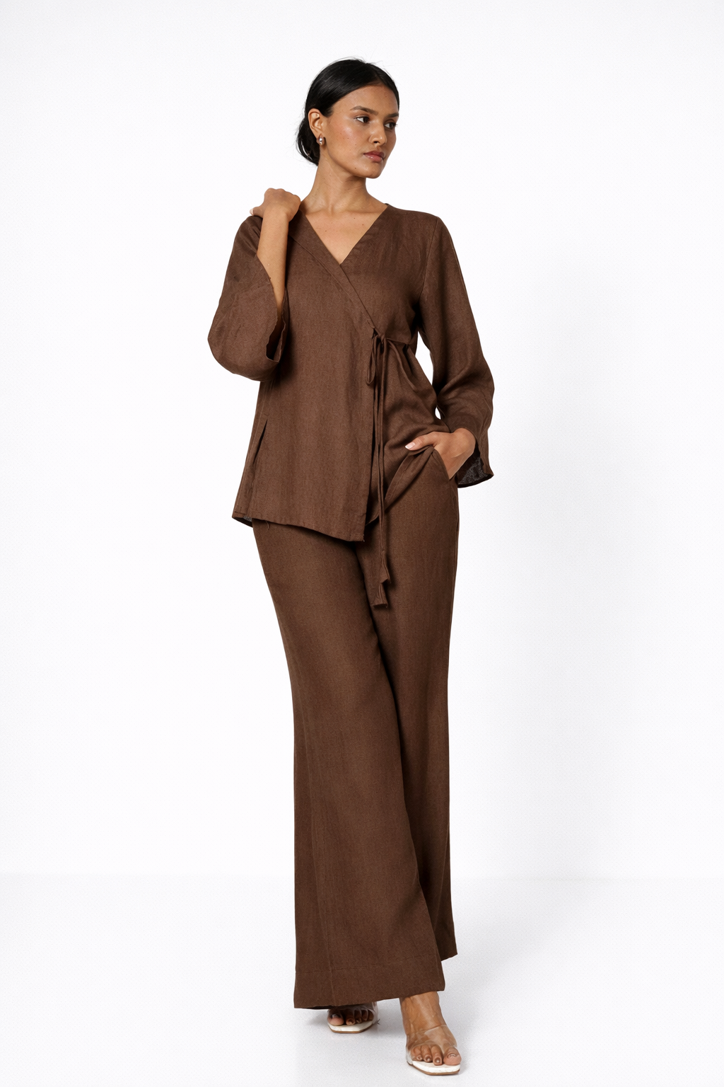 Adjustable Waist Tie Detail – Linen Wrap Top in Kaha Set for Women