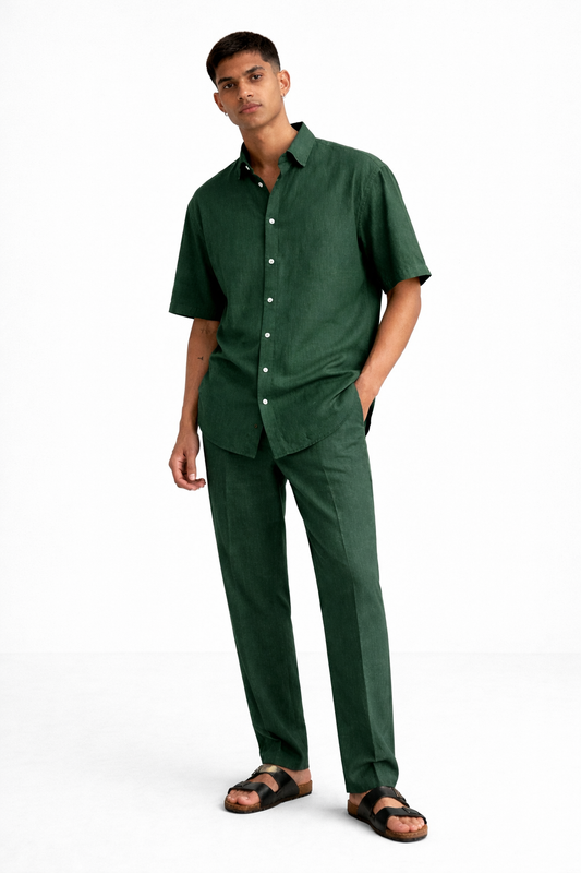 Men’s alpine green linen co-ord set shown at an angle highlighting relaxed fit