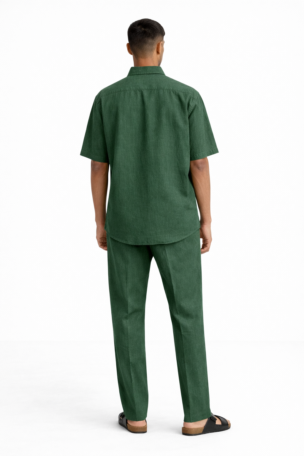 Back view of alpine green linen half sleeve shirt and pants set