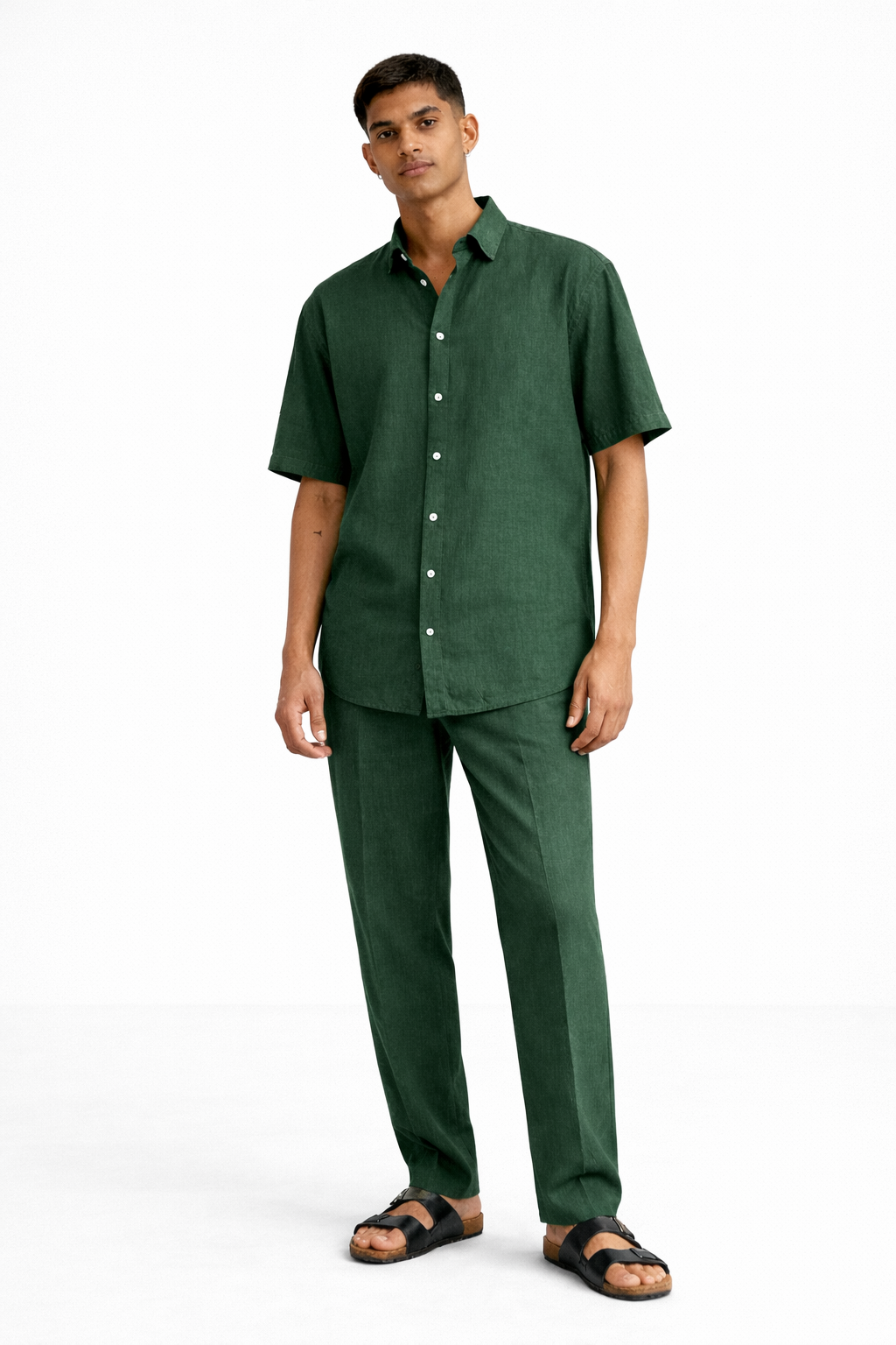 Alpine green linen set for men with half sleeve shirt and pants – front view