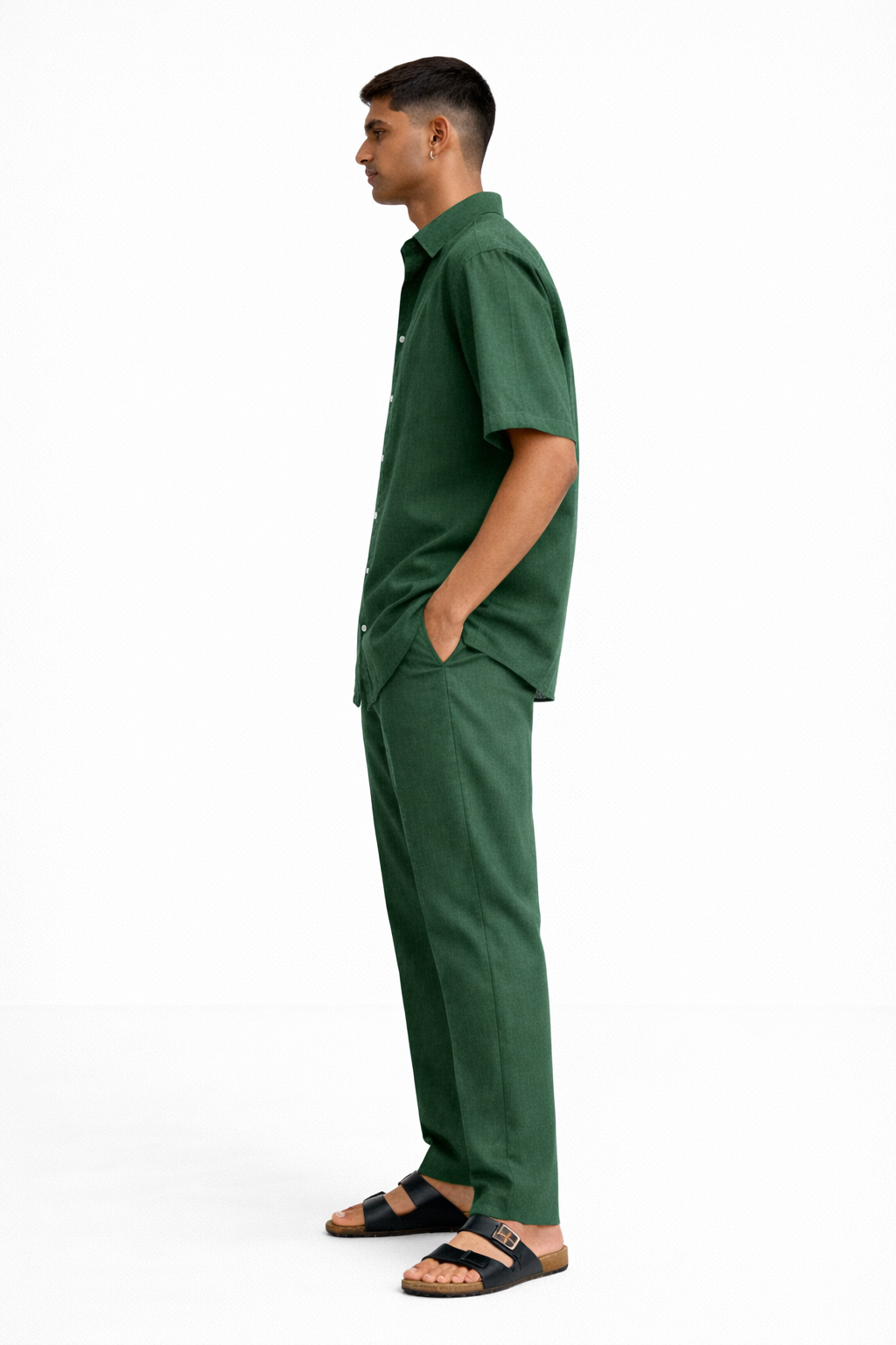 Side view of alpine green linen shirt and pants set for men