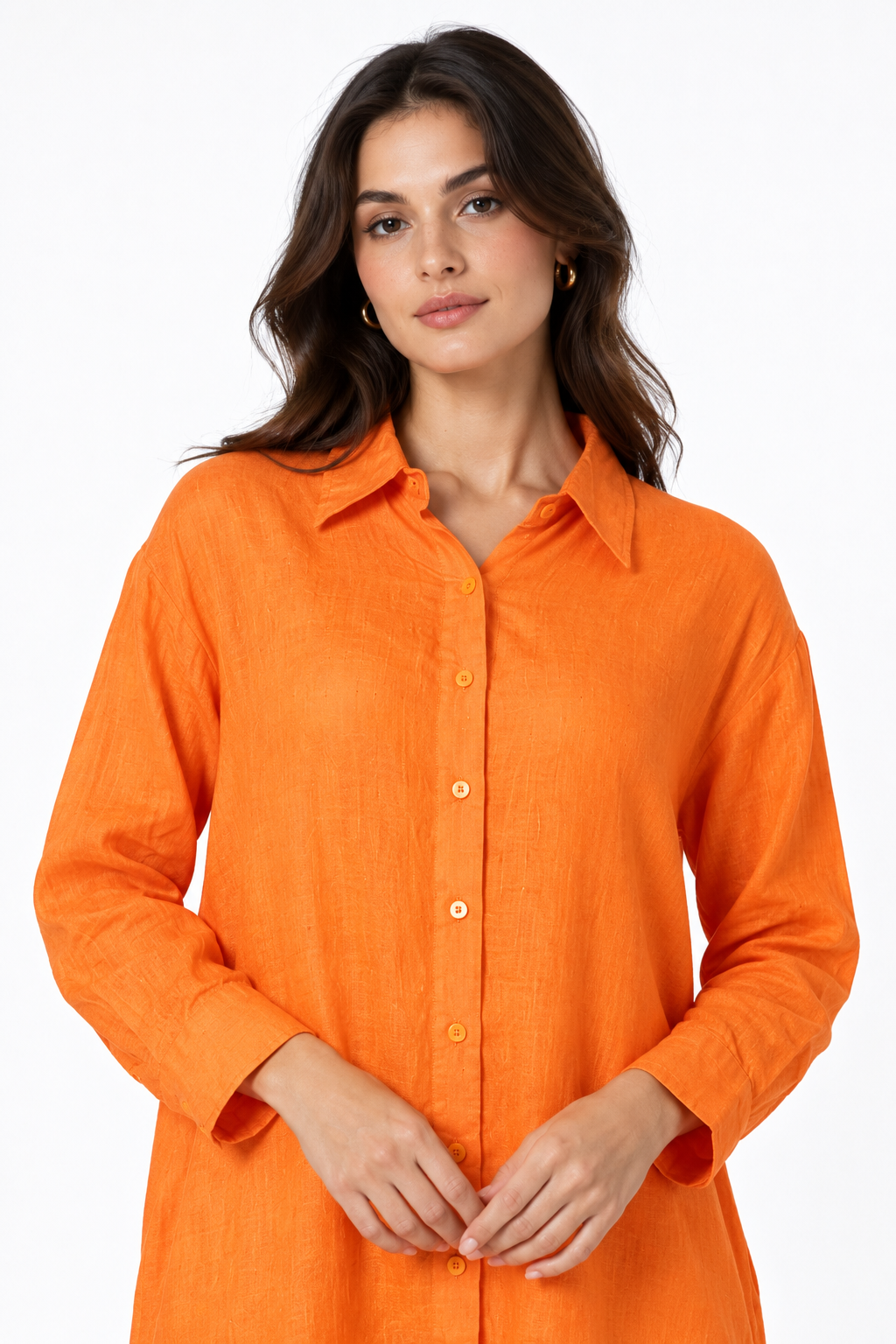Angarika women's linen shirt dress close-up showing collar, buttons and linen texture