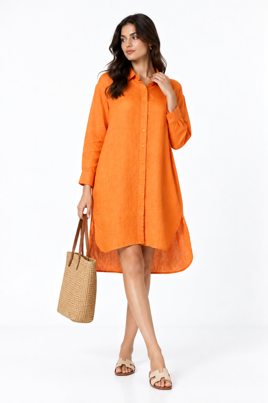 Angarika orange linen shirt dress for women front view