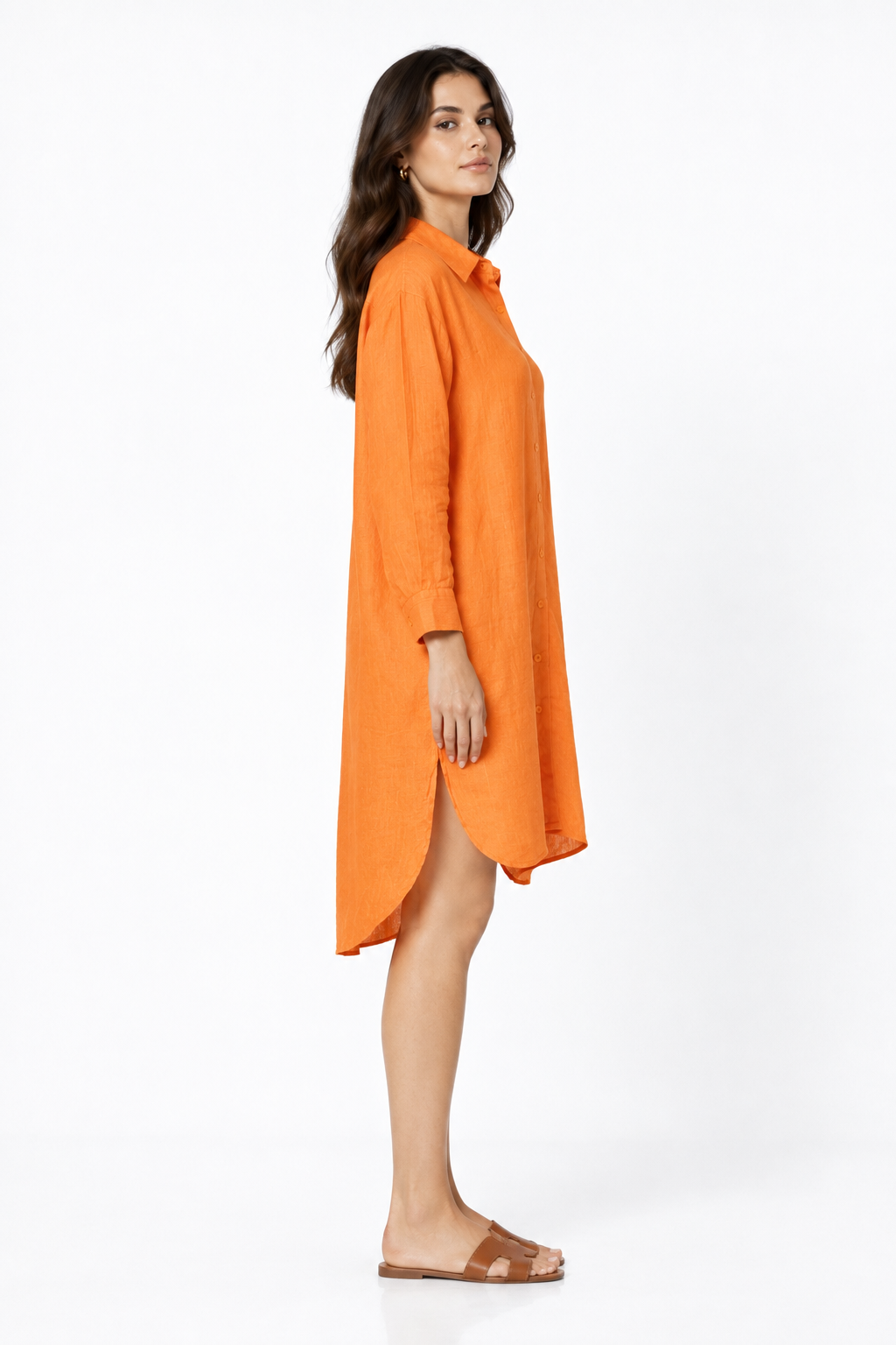 Angarika women's orange linen shirt dress side view