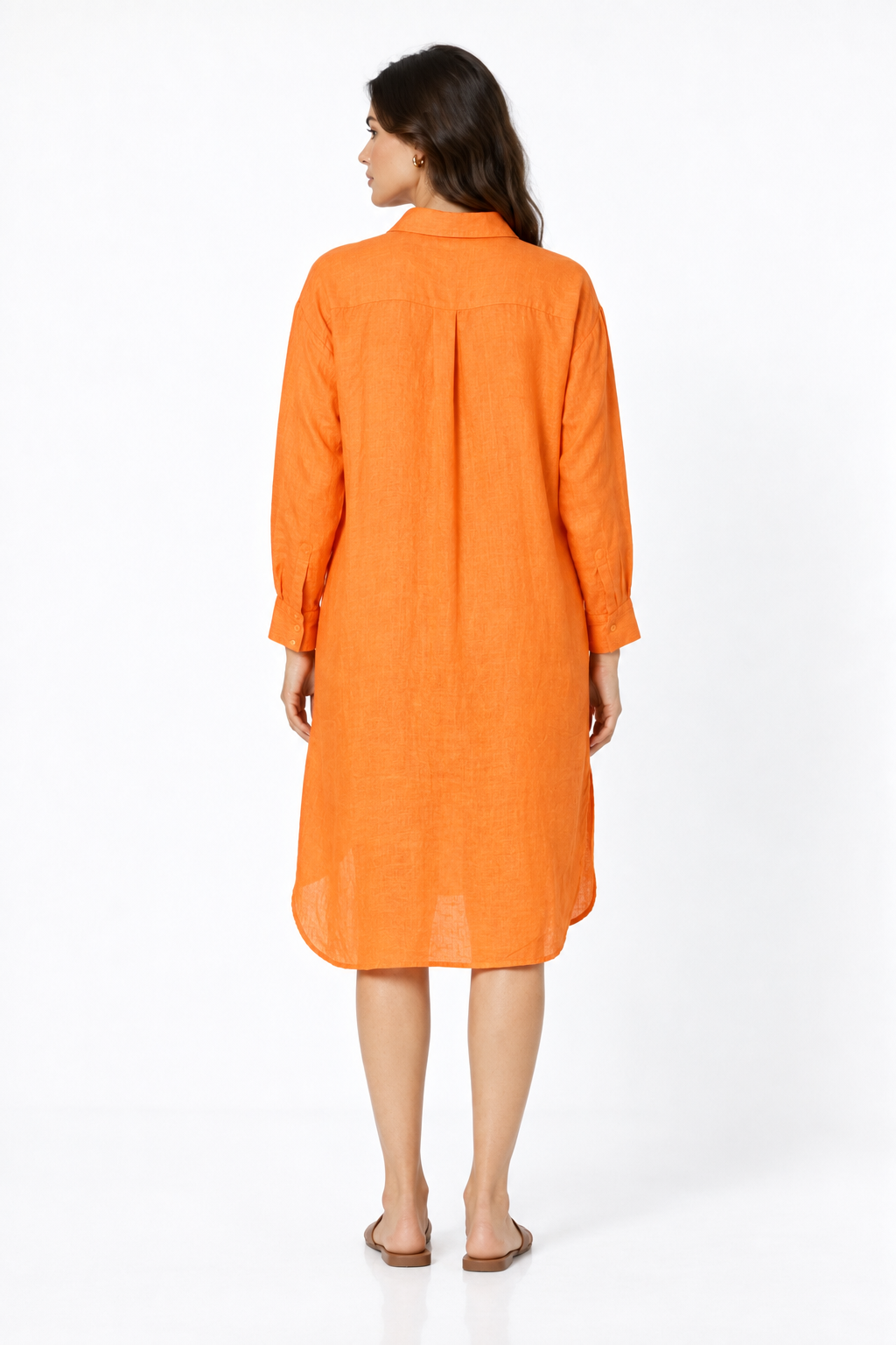 Angarika women's orange linen shirt dress back view showing pleat and linen texture