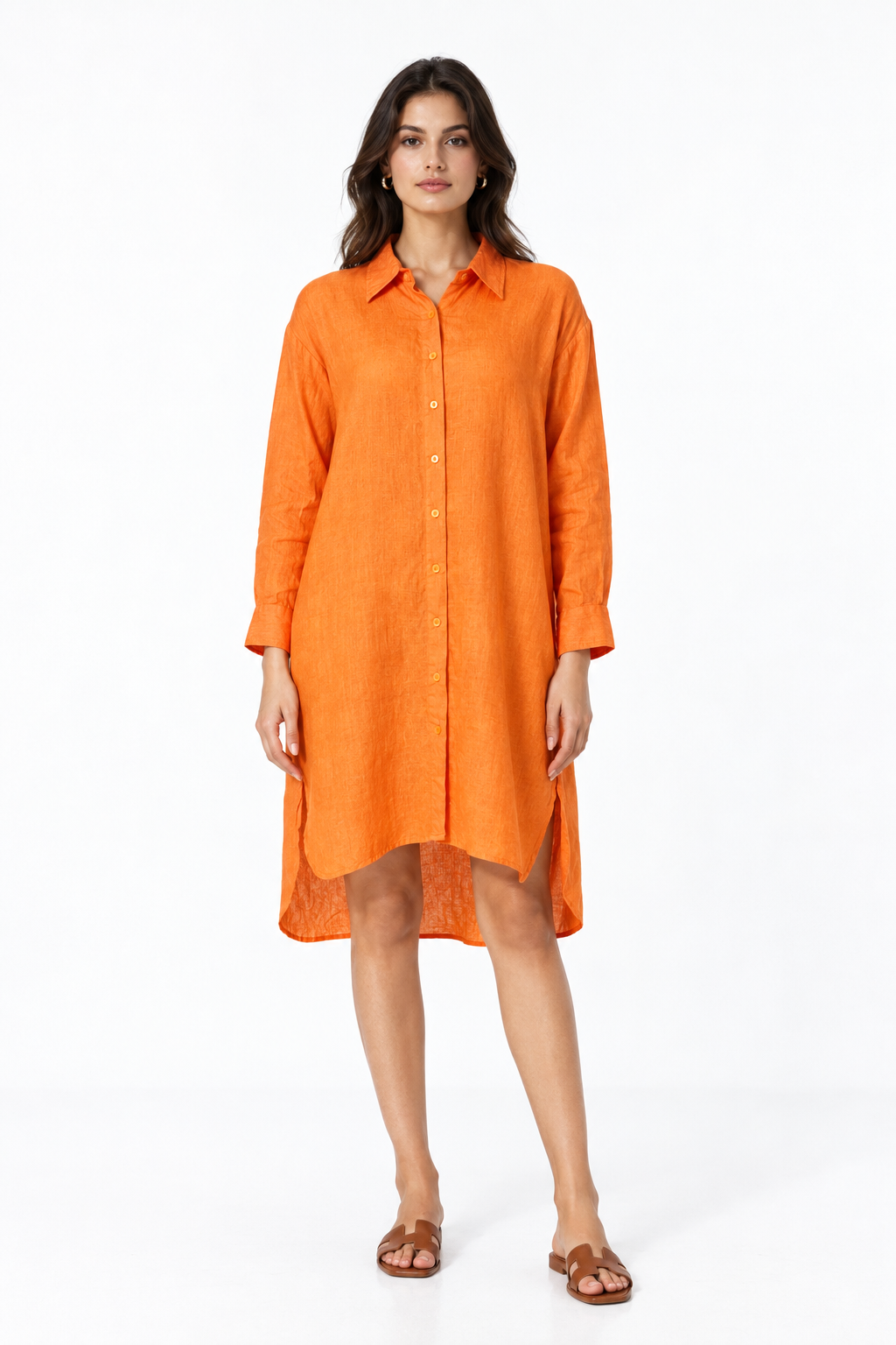Angarika women's orange linen shirt dress front view