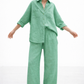Front view of Aura Green Linen Set for women showing relaxed fit and breathable linen fabric