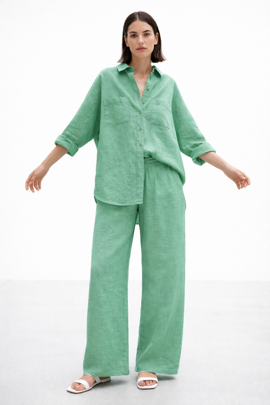 Front view of Aura Green Linen Set for women showing relaxed fit and breathable linen fabric