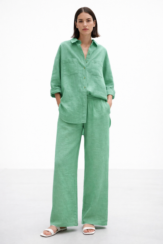 Aura Green Linen Set for women featuring a relaxed linen shirt and wide-leg pants in a soft green hue