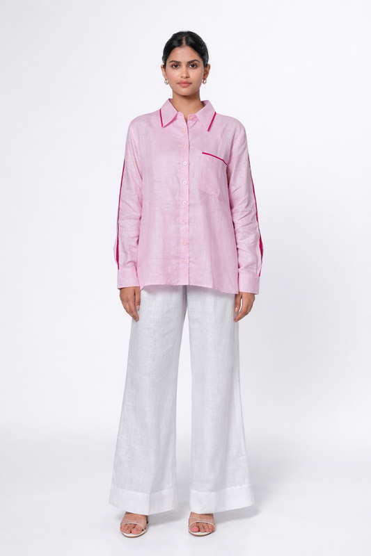 Baby pink linen shirt for women with satin detailing – front view