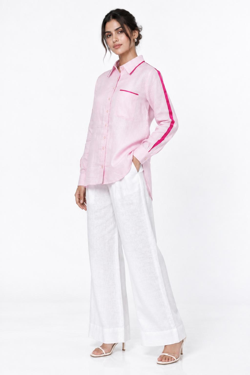 Baby pink linen shirt with satin detailing for women 45 degree view