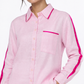 Baby pink linen shirt with satin detailing for women close-up