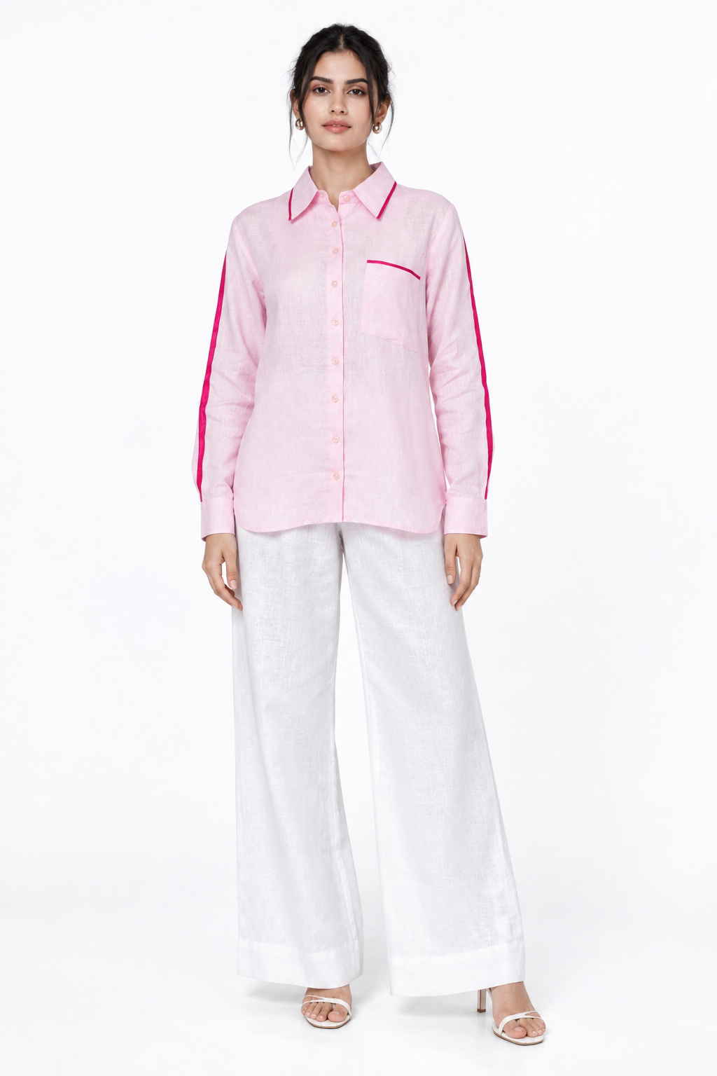 Baby pink linen shirt with satin detailing for women front view