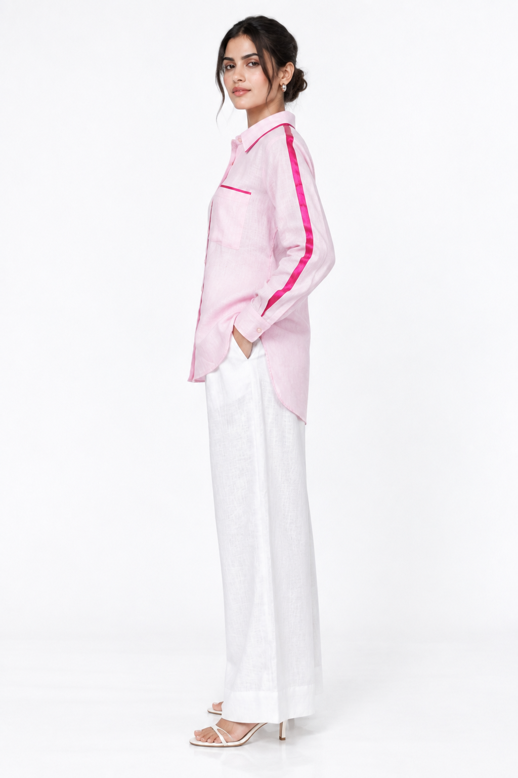 Baby pink linen shirt with satin detailing for women side view