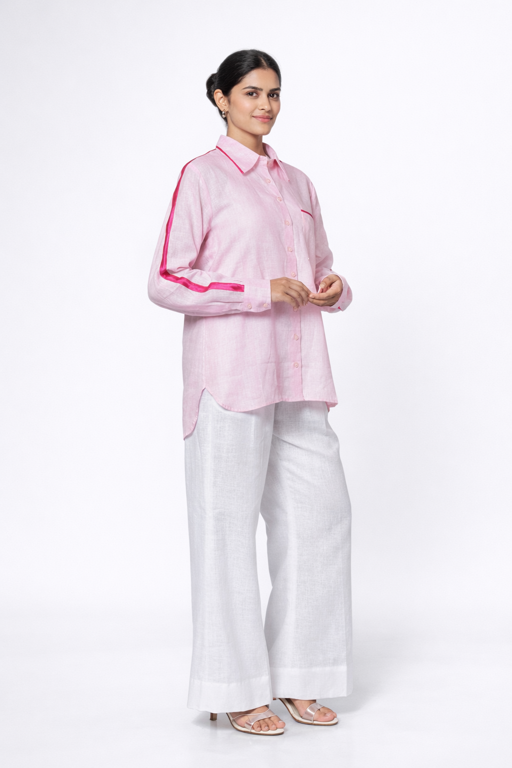 Baby pink linen shirt for women with satin detailing – side view