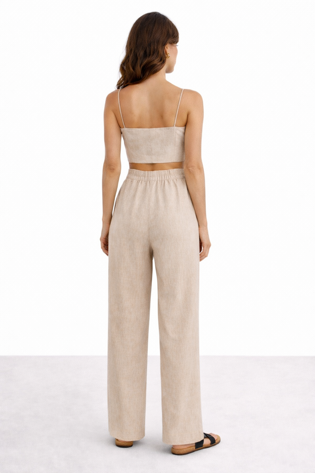 Back view of Bare Earth Linen Set with elasticated back waist pants