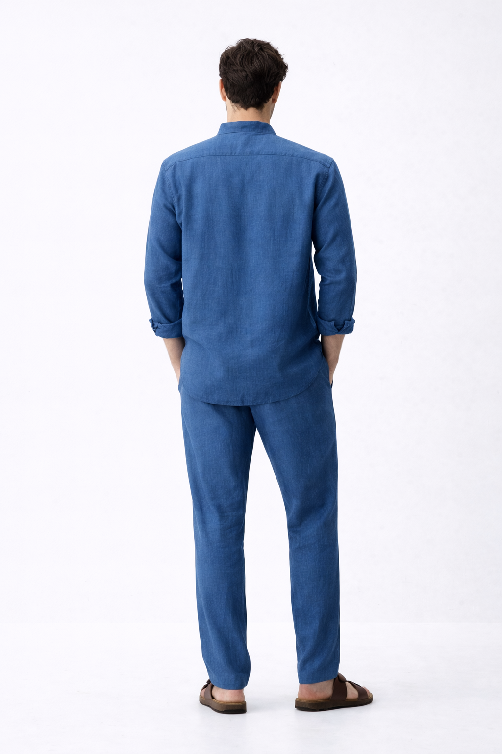 Back view of Blue Dune pure linen set for men highlighting clean tailoring