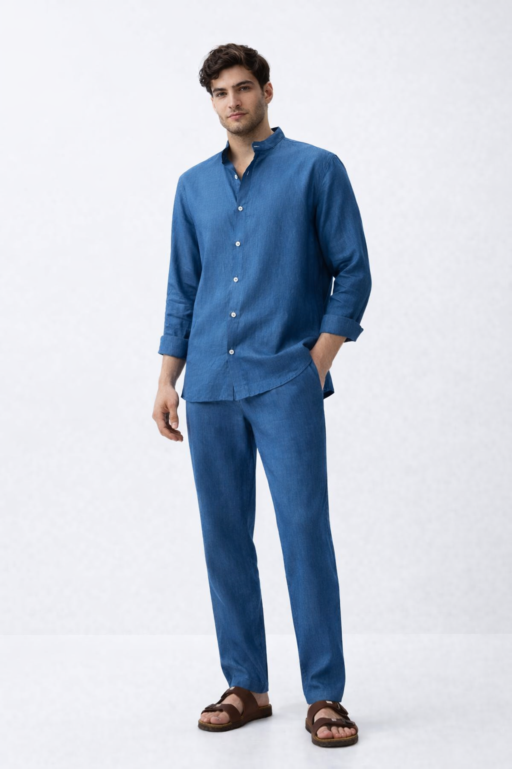 Blue Dune pure linen set for men with band collar shirt and matching linen trousers