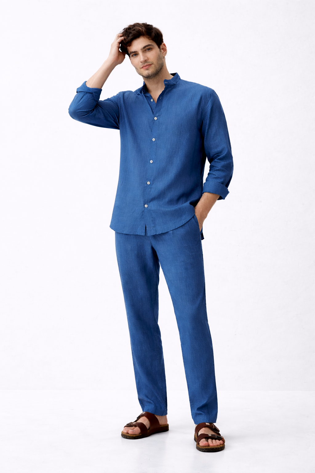 Man wearing Blue Dune pure linen set styled as a summer co-ord outfit