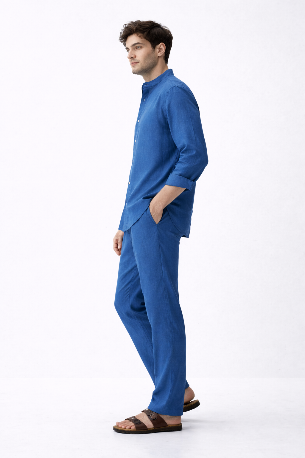 Side view of Blue Dune pure linen co-ord set for men showing relaxed fit