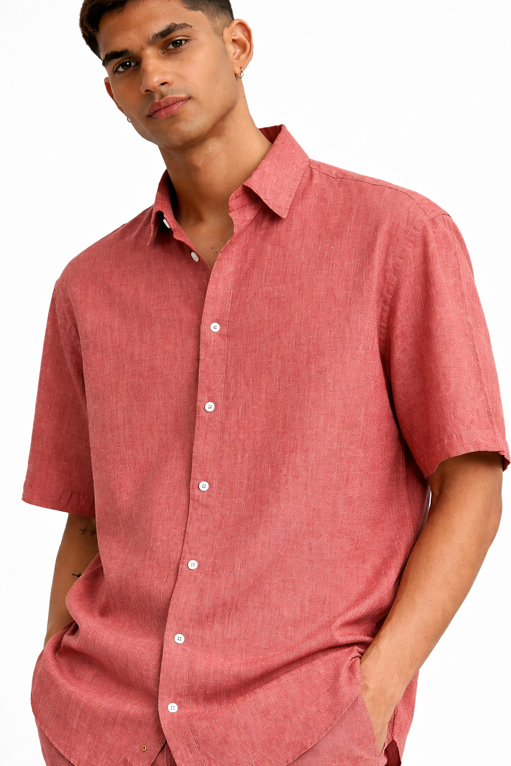 Close-up of burnt rose linen fabric texture on men’s shirt