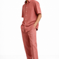 Men’s burnt rose linen co-ord set shown at a 45-degree angle