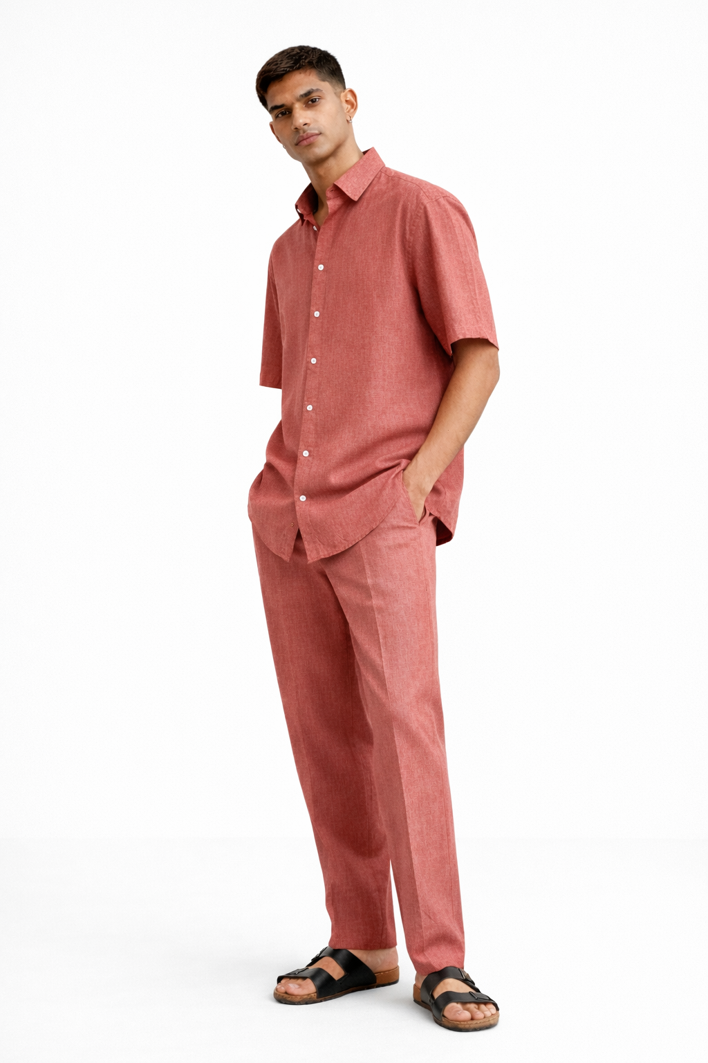 Men’s burnt rose linen co-ord set shown at a 45-degree angle