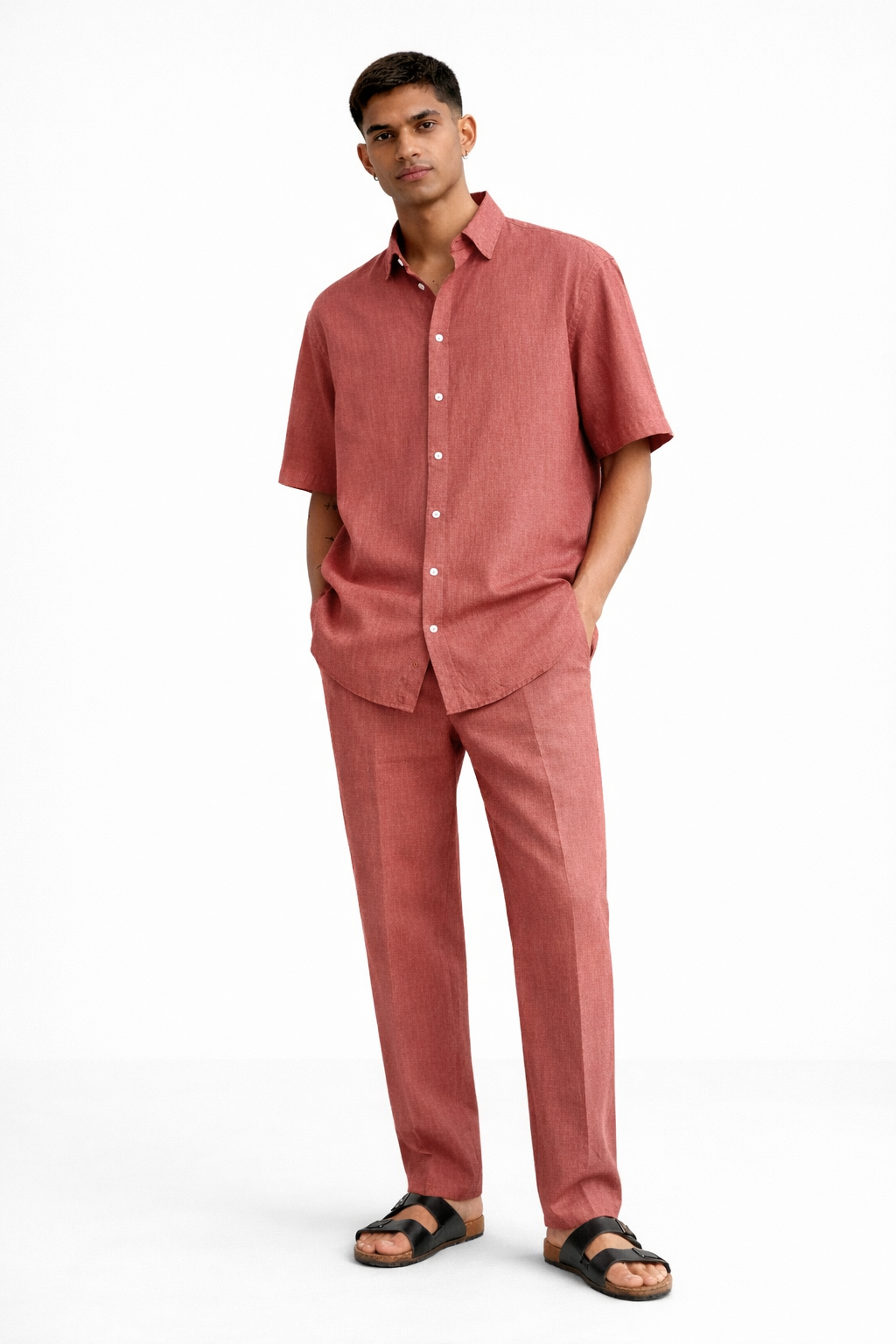 Burnt rose linen half sleeve shirt and pants set for men – front view
