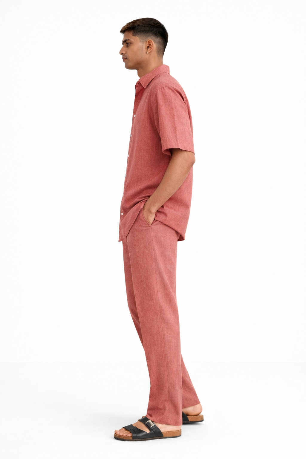 Side view of burnt rose linen shirt and straight fit pants for men