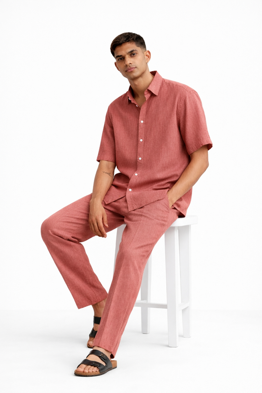 Burnt rose linen half sleeve shirt and pants set for men – Styled