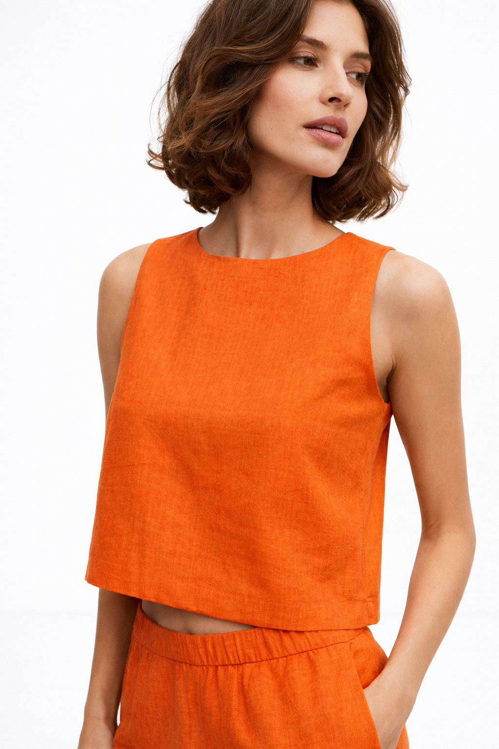 Close-up of sleeveless linen top from Casa linen set showing fabric texture and neckline