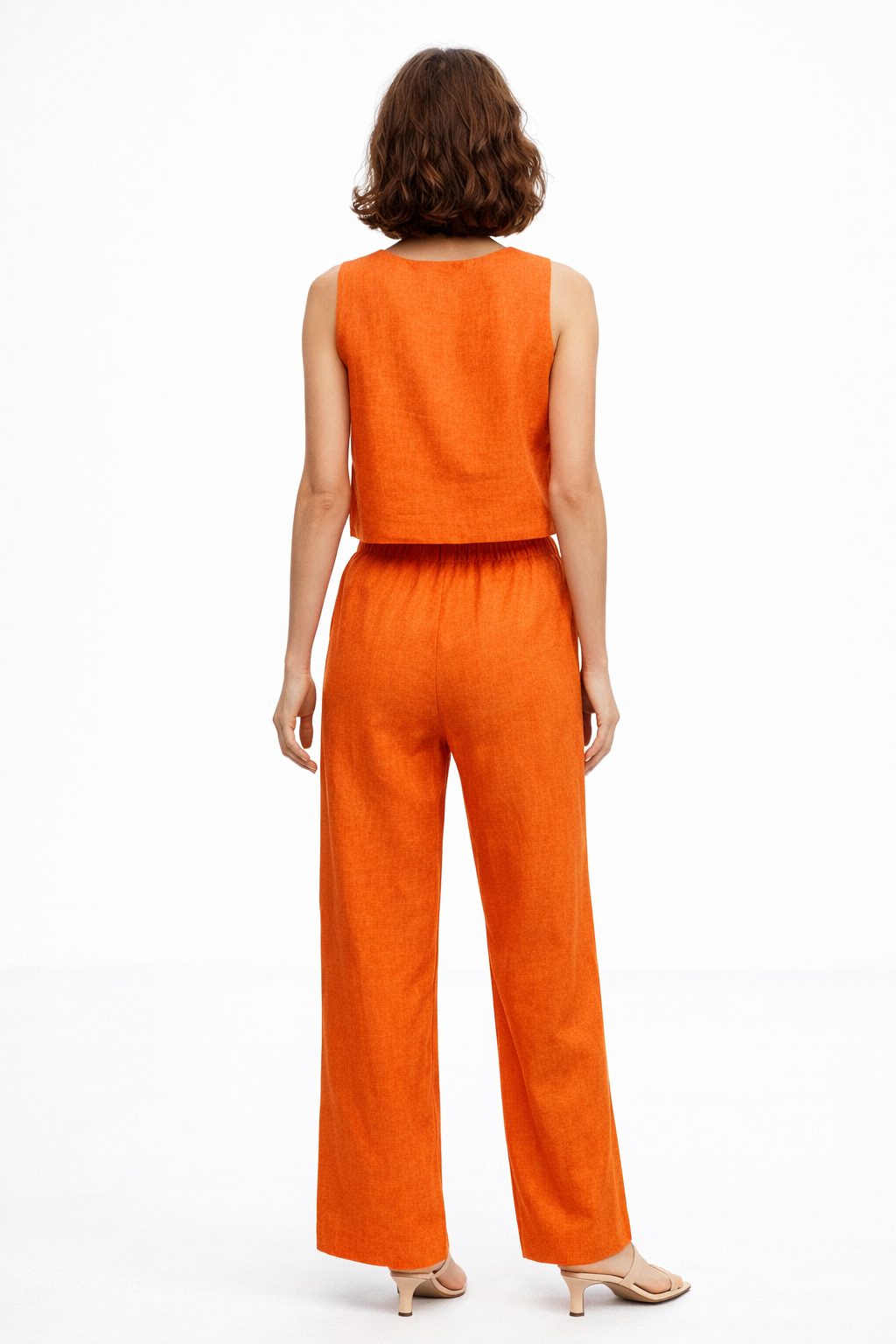 Back view of Casa linen set highlighting elasticated waist and relaxed linen fit