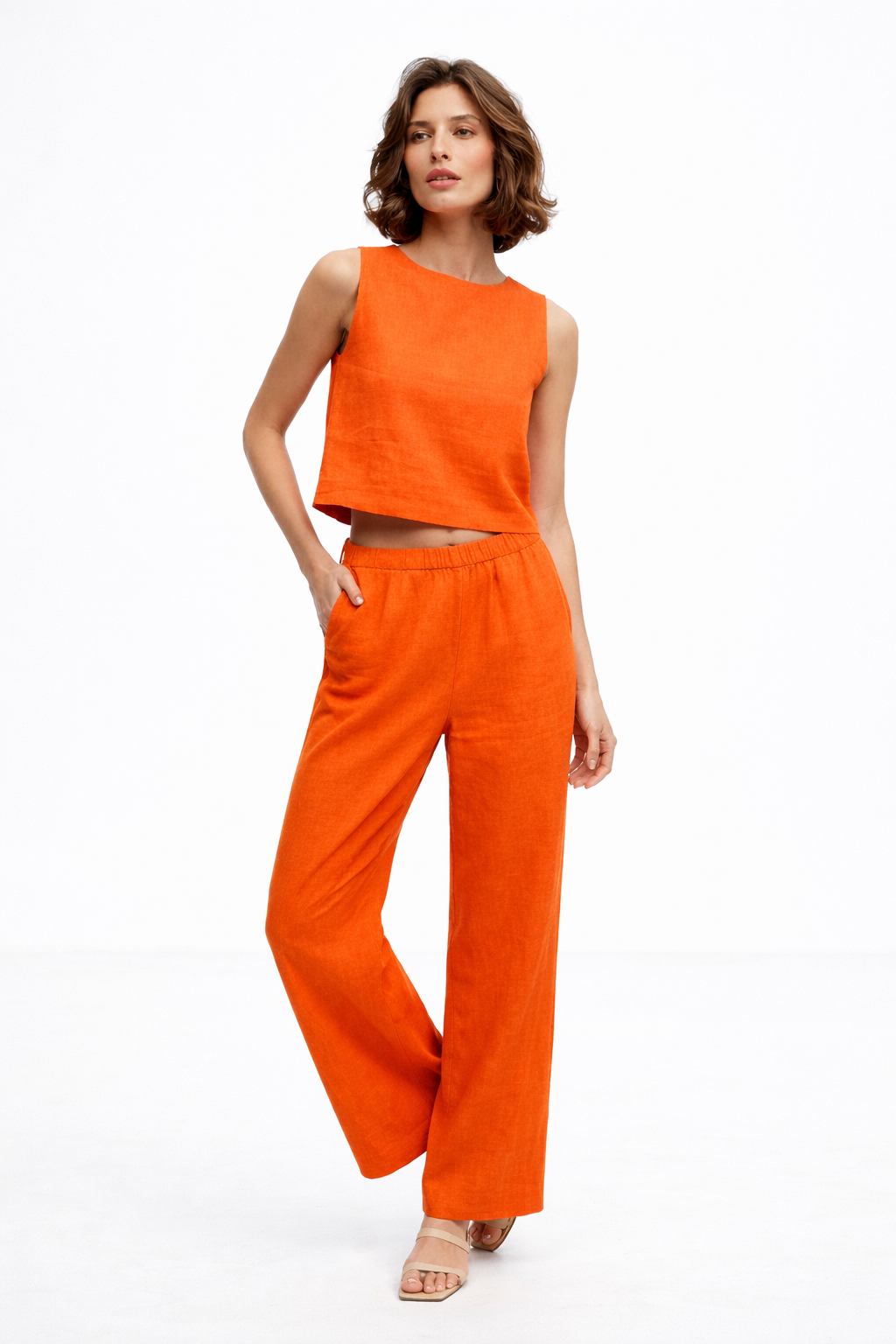Model wearing Casa linen co-ord set for women with wide-leg linen pants