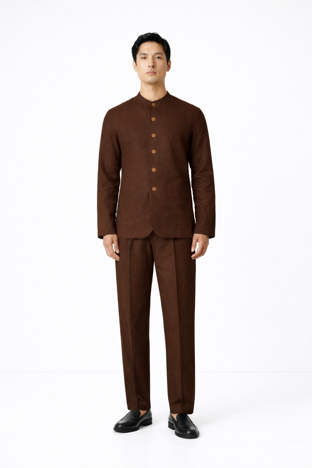 Chocolate brown linen jacket set for men – front view
