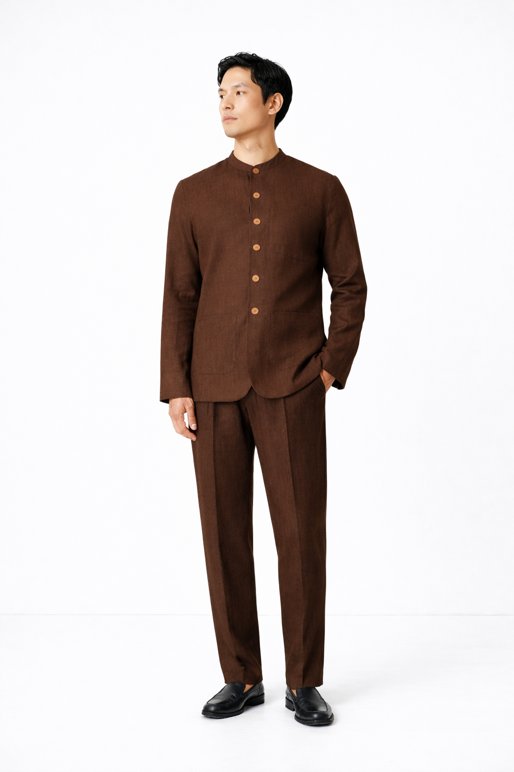 Chocolate brown linen jacket set for men styled for modern wear