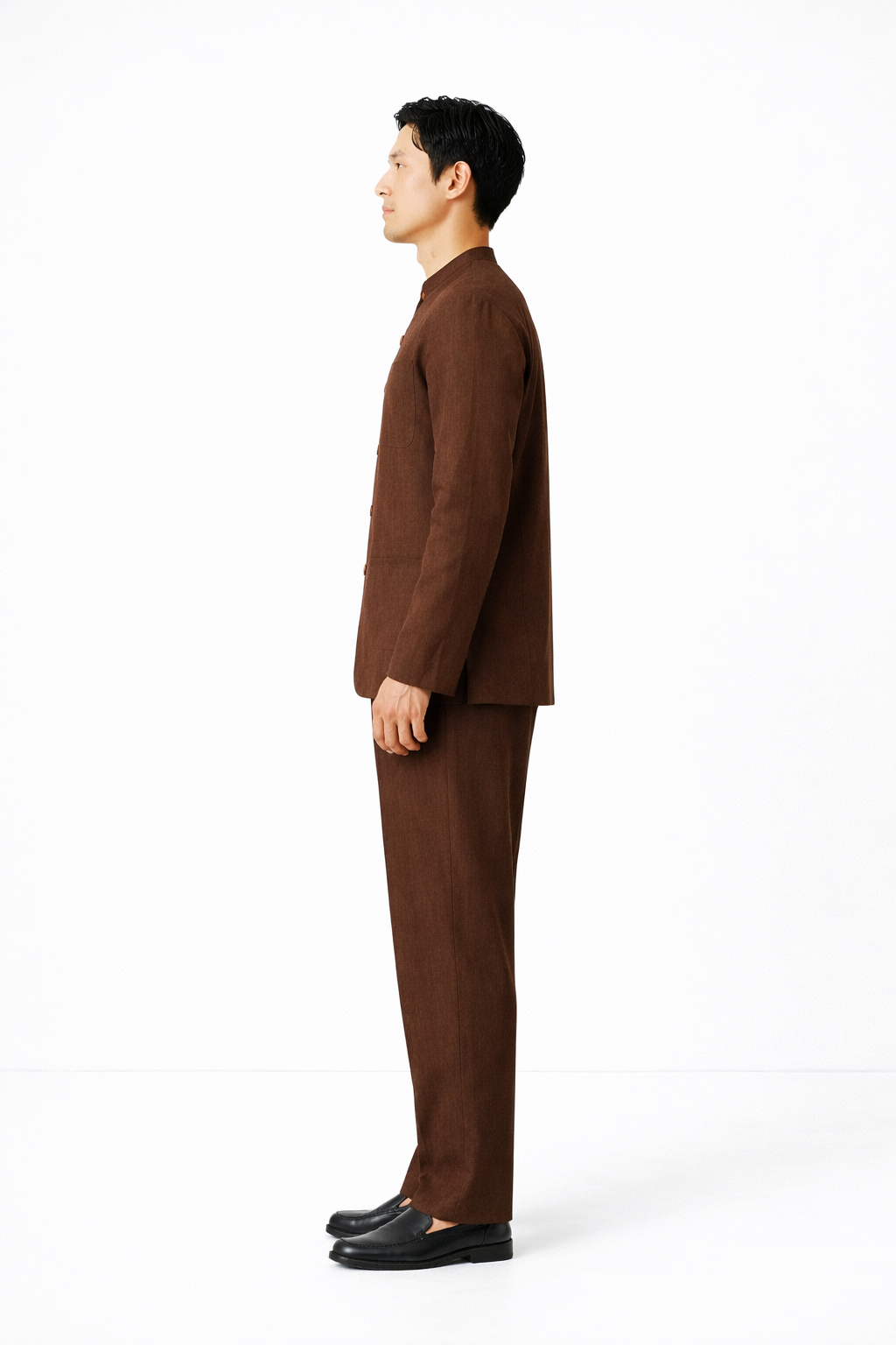 Chocolate brown linen jacket set for men – side profile