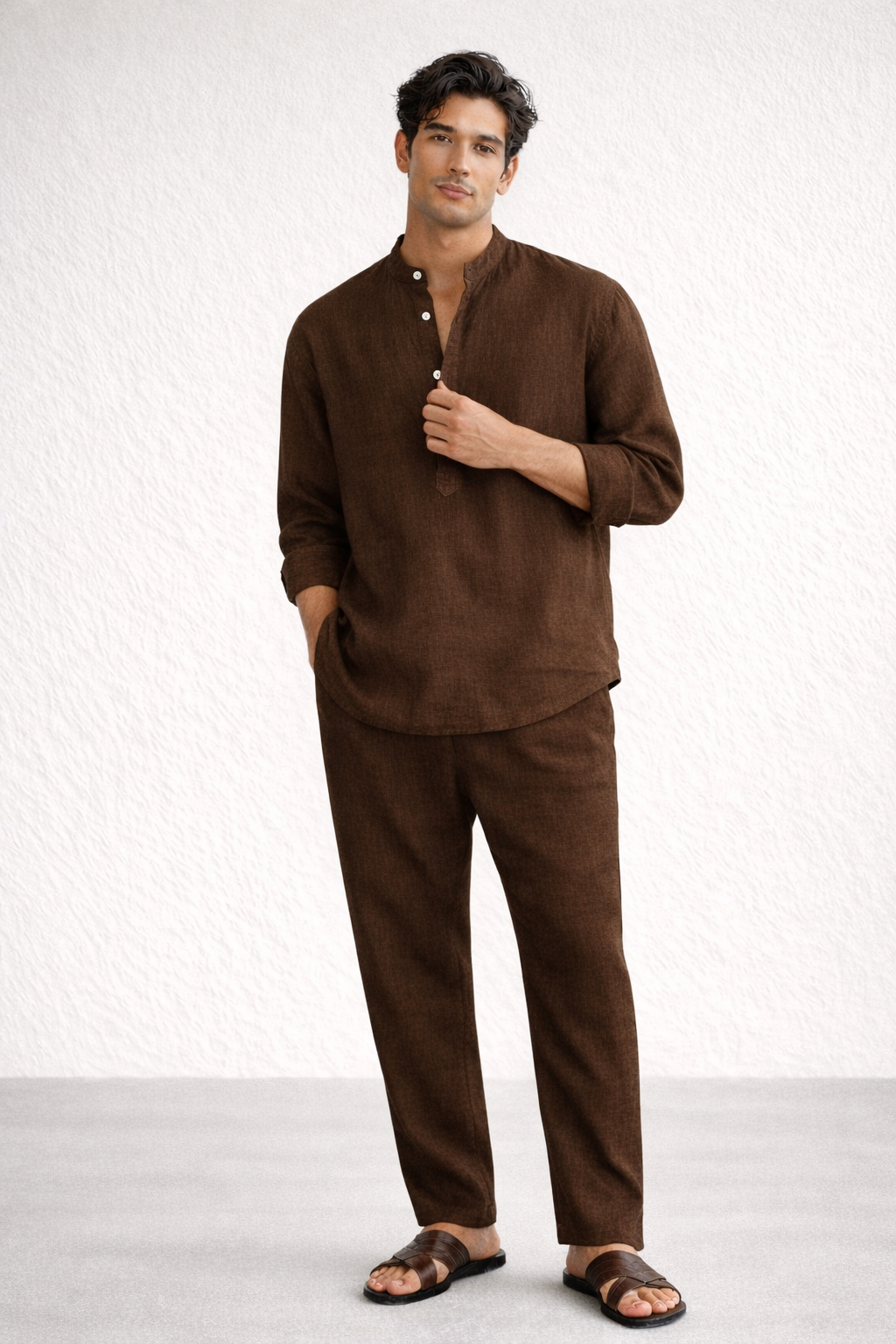 Chocolate brown short kurta linen set for men – styled
