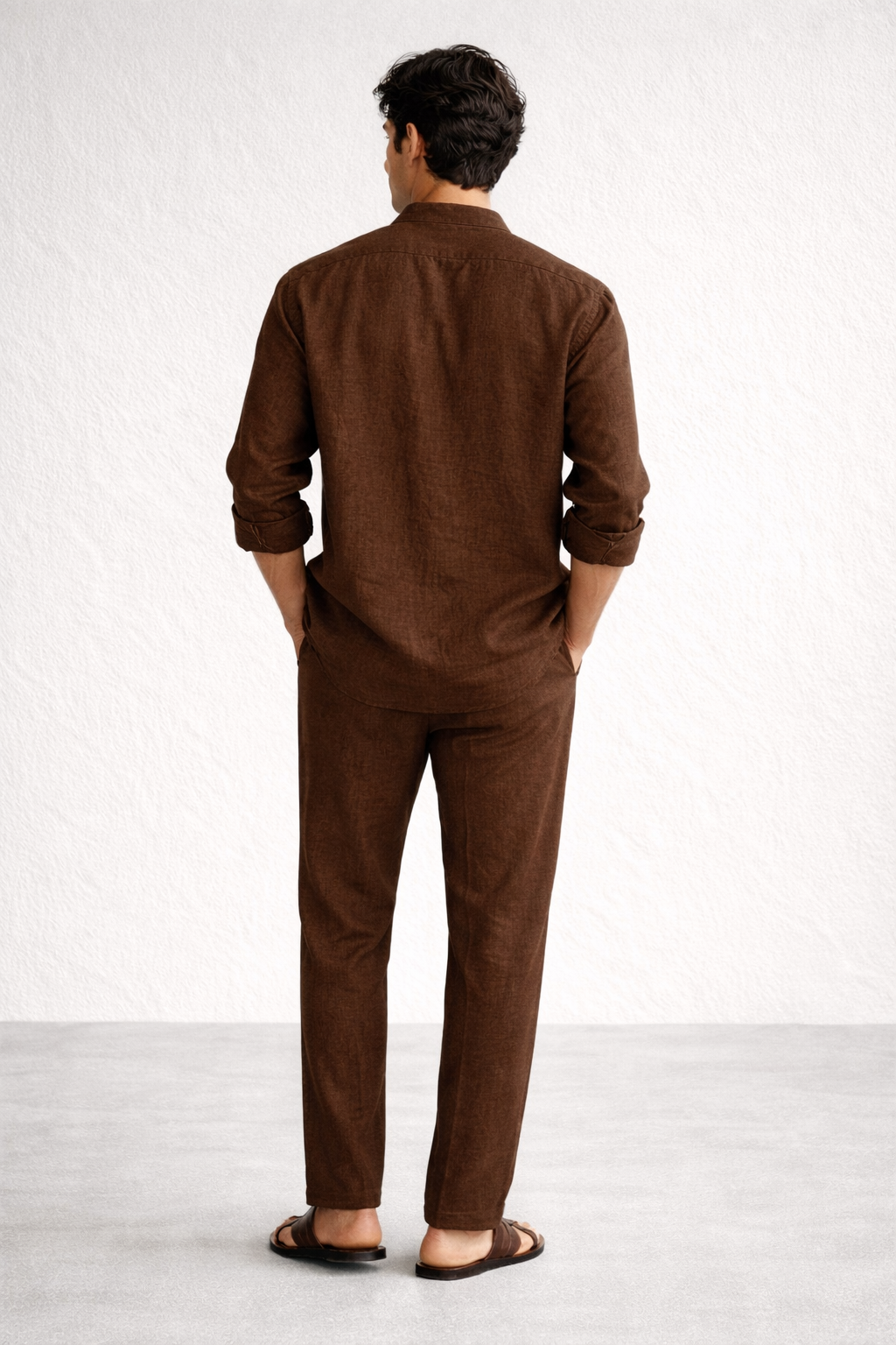 Back view of chocolate brown short kurta linen set for men
