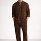 Chocolate brown short kurta linen set for men – front view