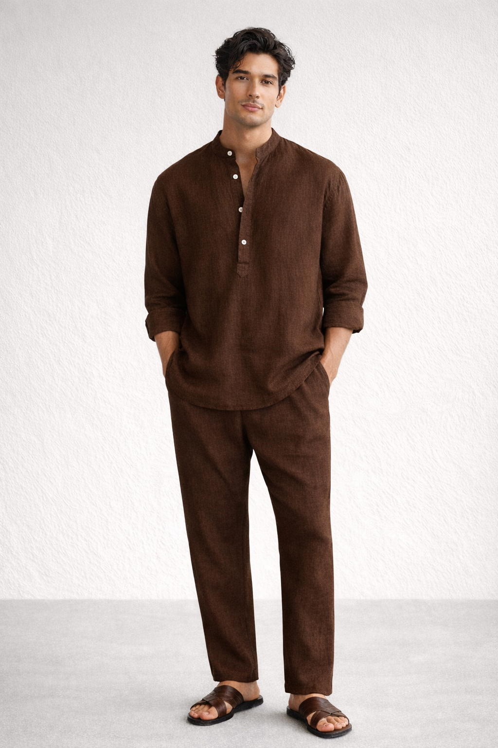 Chocolate brown short kurta linen set for men – front view