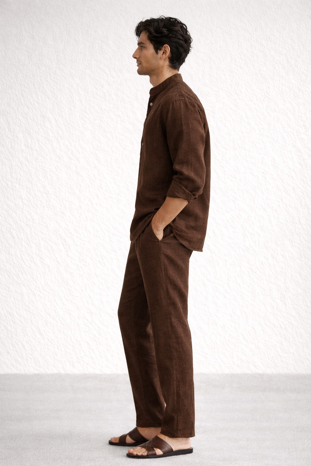 Side view of chocolate brown linen short kurta set for men