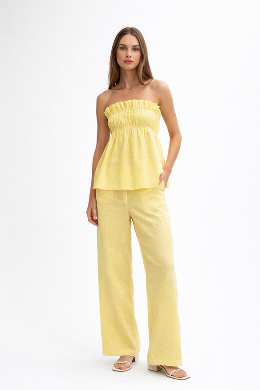 Citra linen set for women with strapless smocked top and wide-leg pants