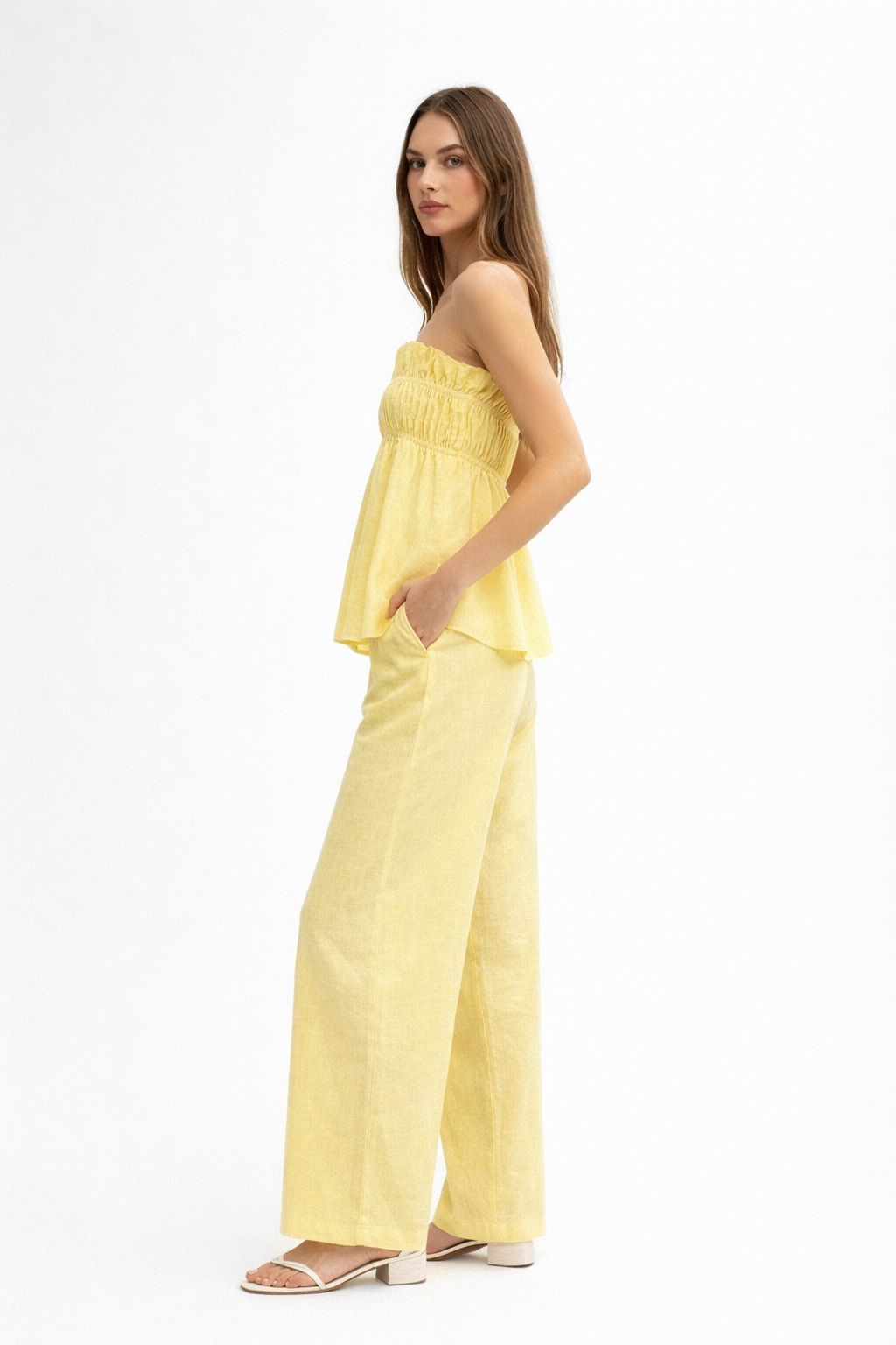Side angle of Citra linen set showing smocked top and high-waist pants
