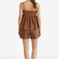 Back view of brown linen top and shorts co-ord