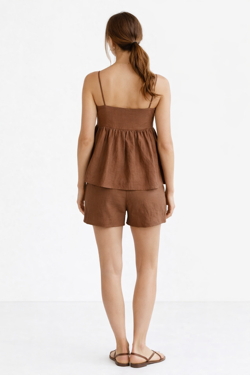 Back view of brown linen top and shorts co-ord
